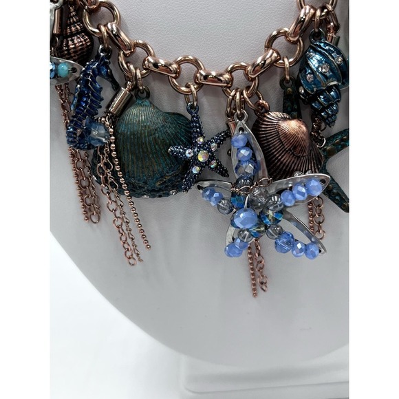 Copper Blue Beach Seashell Starfish Dangle Charms Bib Necklace - Picture 8 of 14